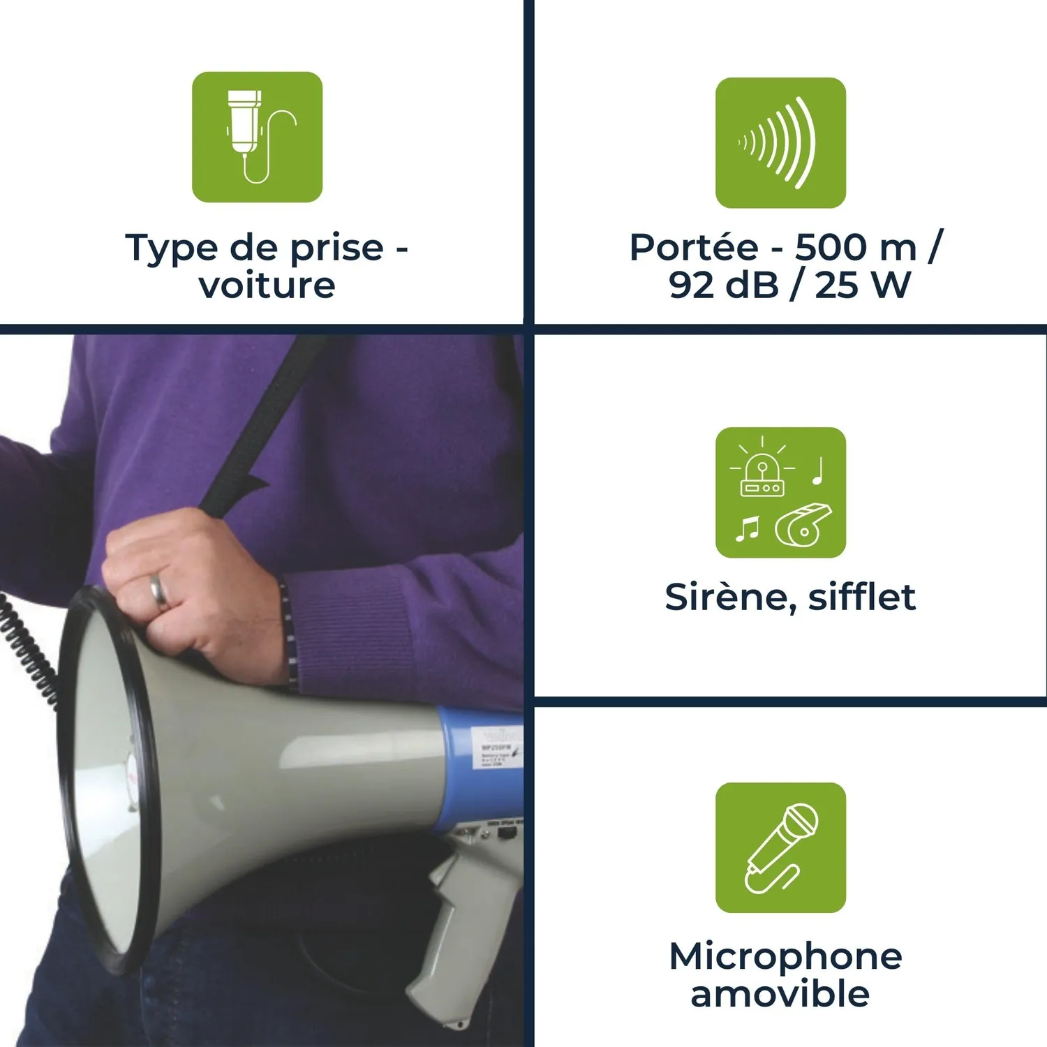 Velleman GP Series mégaphone 25 W avec sirène, micro détachable, gris/noir/bleu