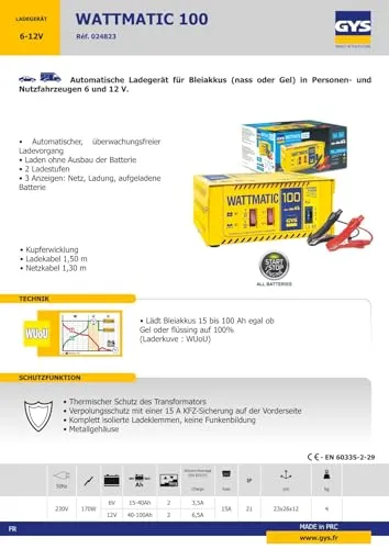 GYS Wattmatic 100 chargeur de batterie 12 V 140 W