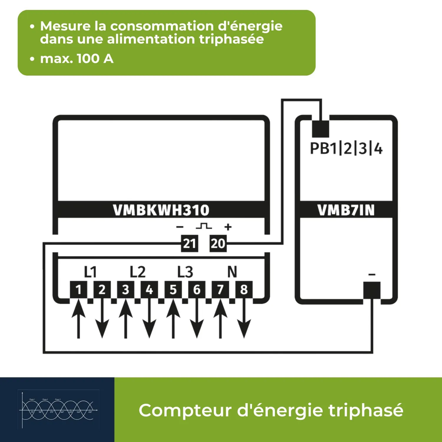 Velleman compteur d'énergie triphasé rail DIN 100 A LCD
