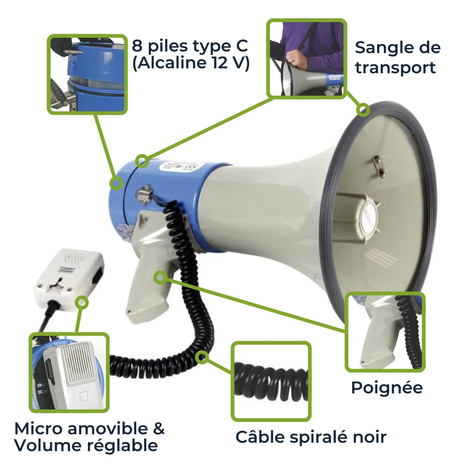 Velleman GP Series mégaphone 25 W avec sirène, micro détachable, gris/noir/bleu
