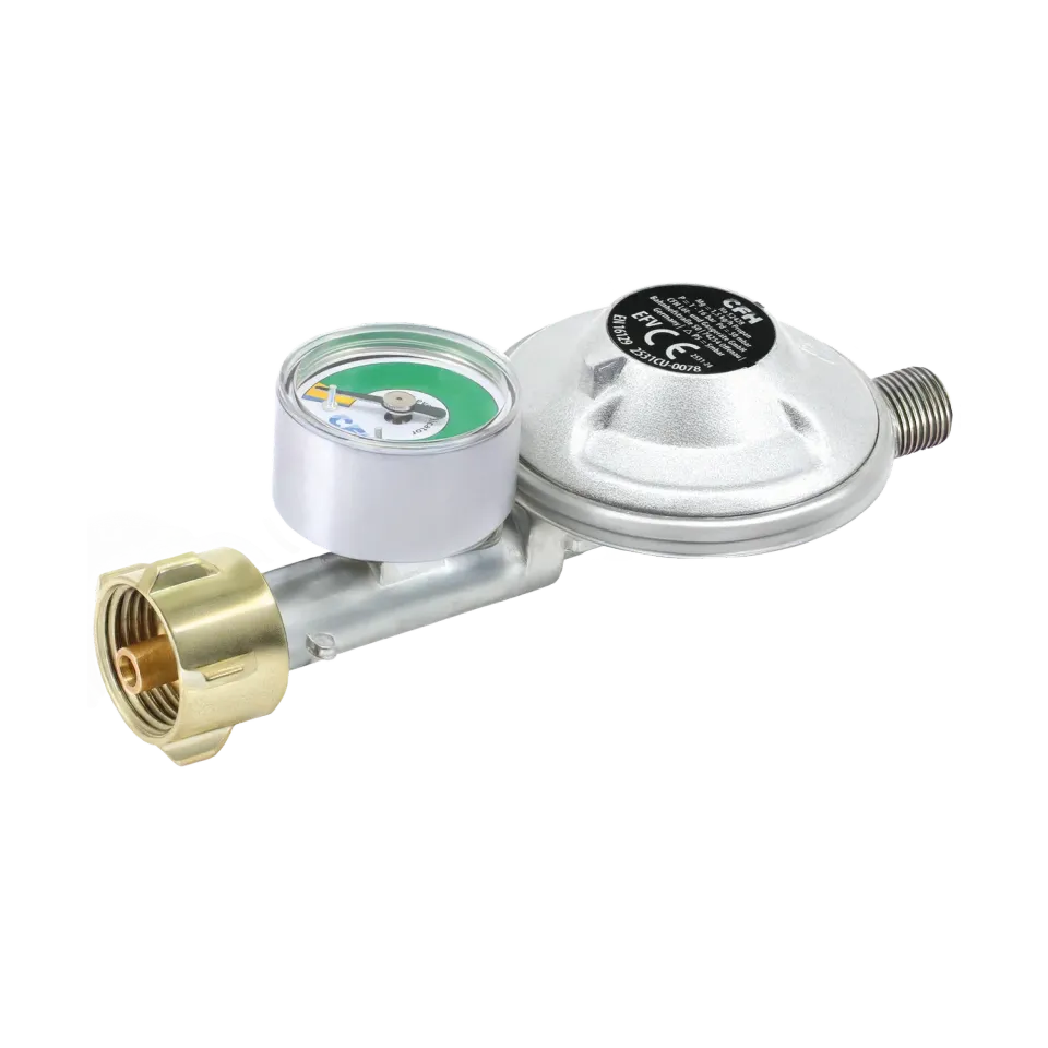 CFH DRF 428 détendeur gaz 50 mbar avec manomètre pour bouteilles 5 et 11 kg