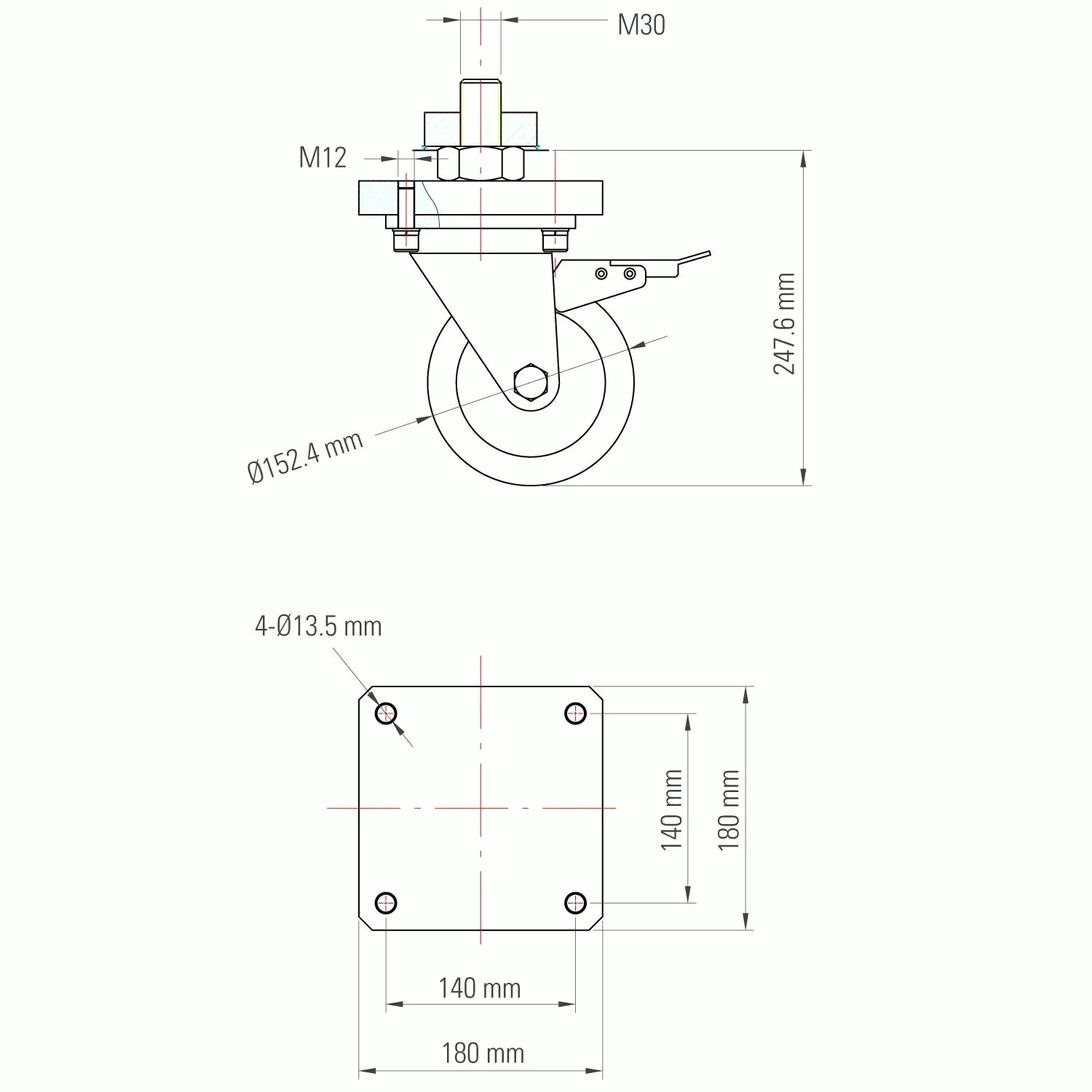 STRONG HAND EUROPE Alpha 28 caster roulette pour table 28 mm, freinée