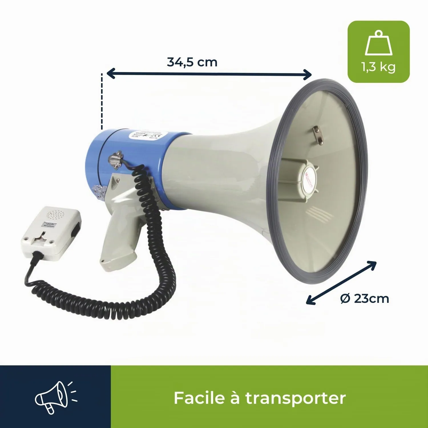 Velleman GP Series mégaphone 25 W avec sirène, micro détachable, gris/noir/bleu