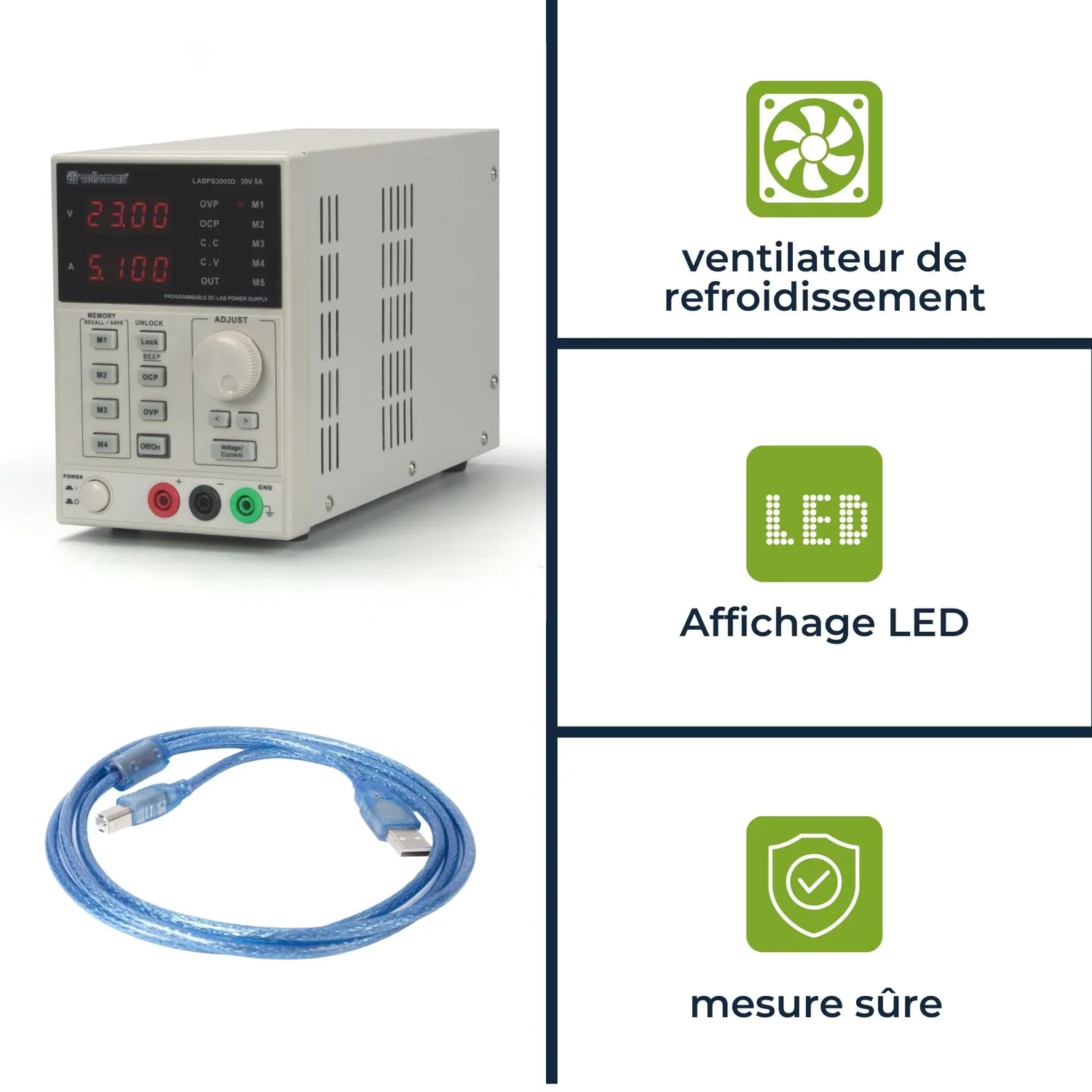 Velleman GP alimentation labo programmable USB 0-30V 5A