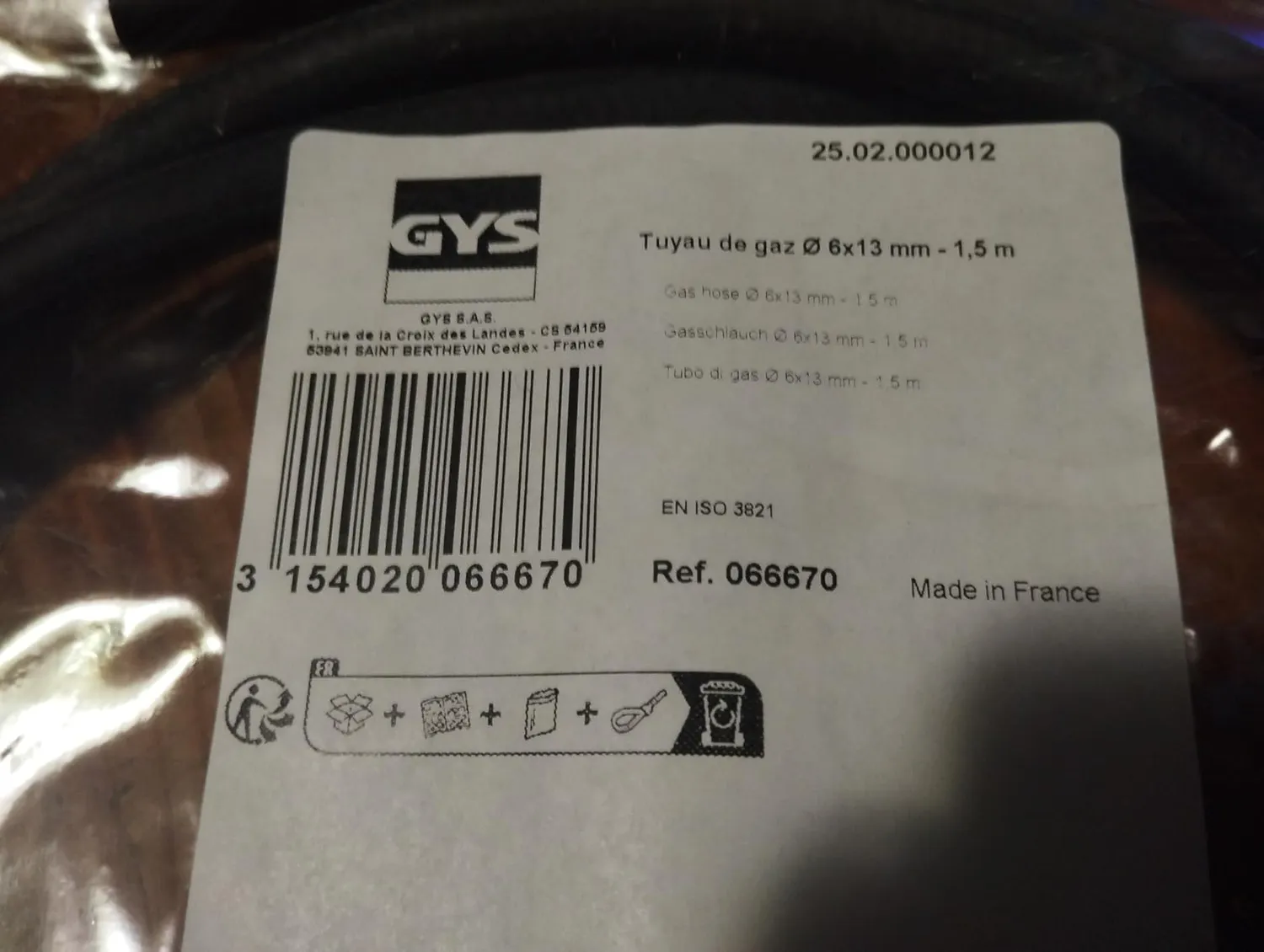 GYS 066670 tuyau de gaz Ø6,3 × 12 mm 1,5 m noir