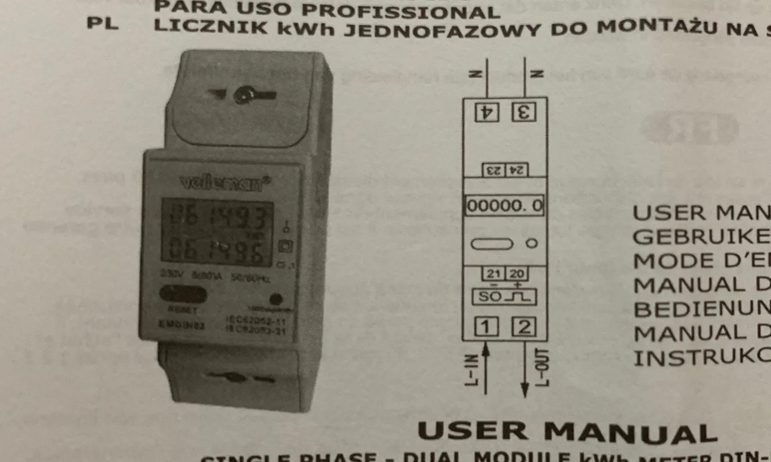 Velleman compteur d’énergie monophasé 80 A, rail DIN, affichage LCD