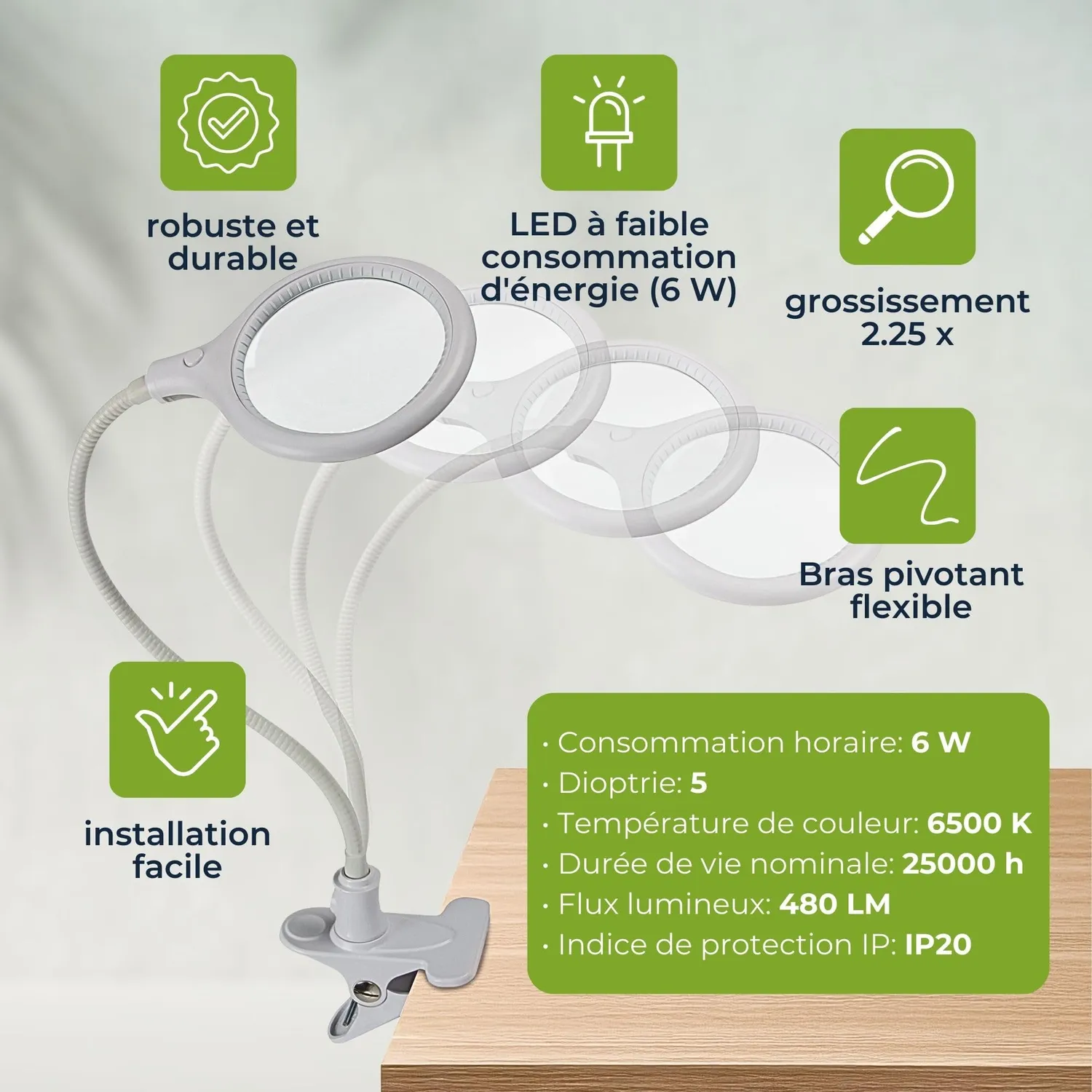 Velleman VTLLAMP lampe loupe LED à pince 2,25x