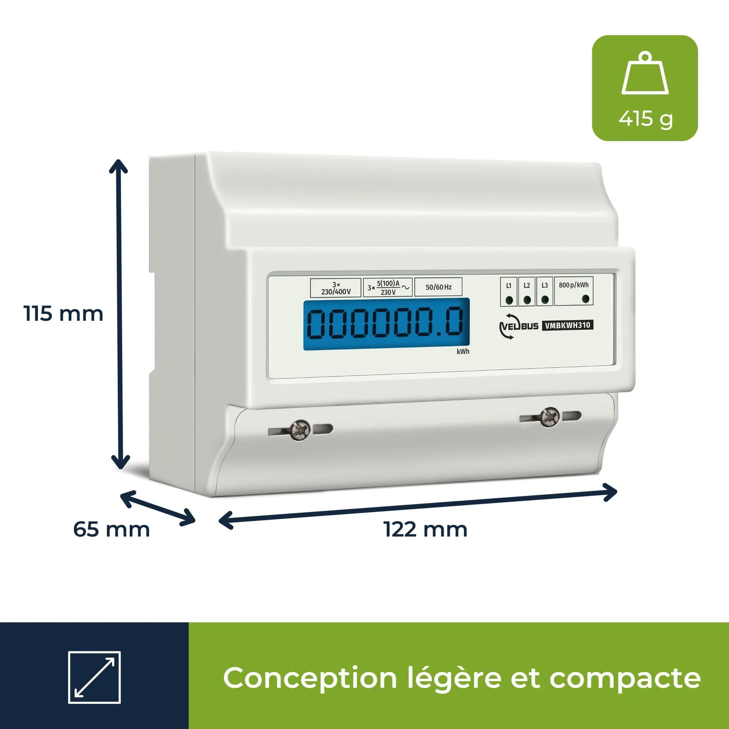 Velleman compteur d'énergie triphasé rail DIN 100 A LCD