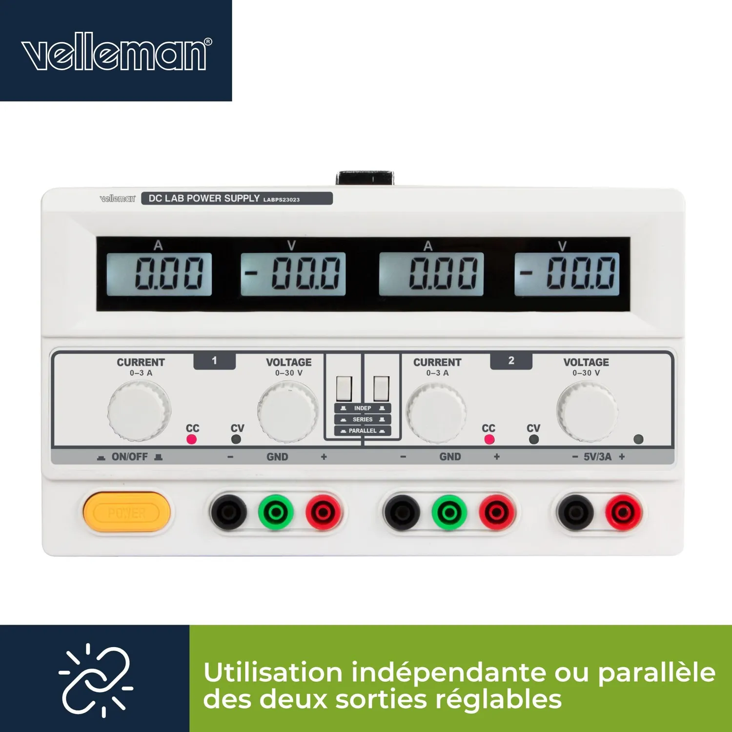 Velleman GP Series alimentation de laboratoire 2 x 30 V et 5 V