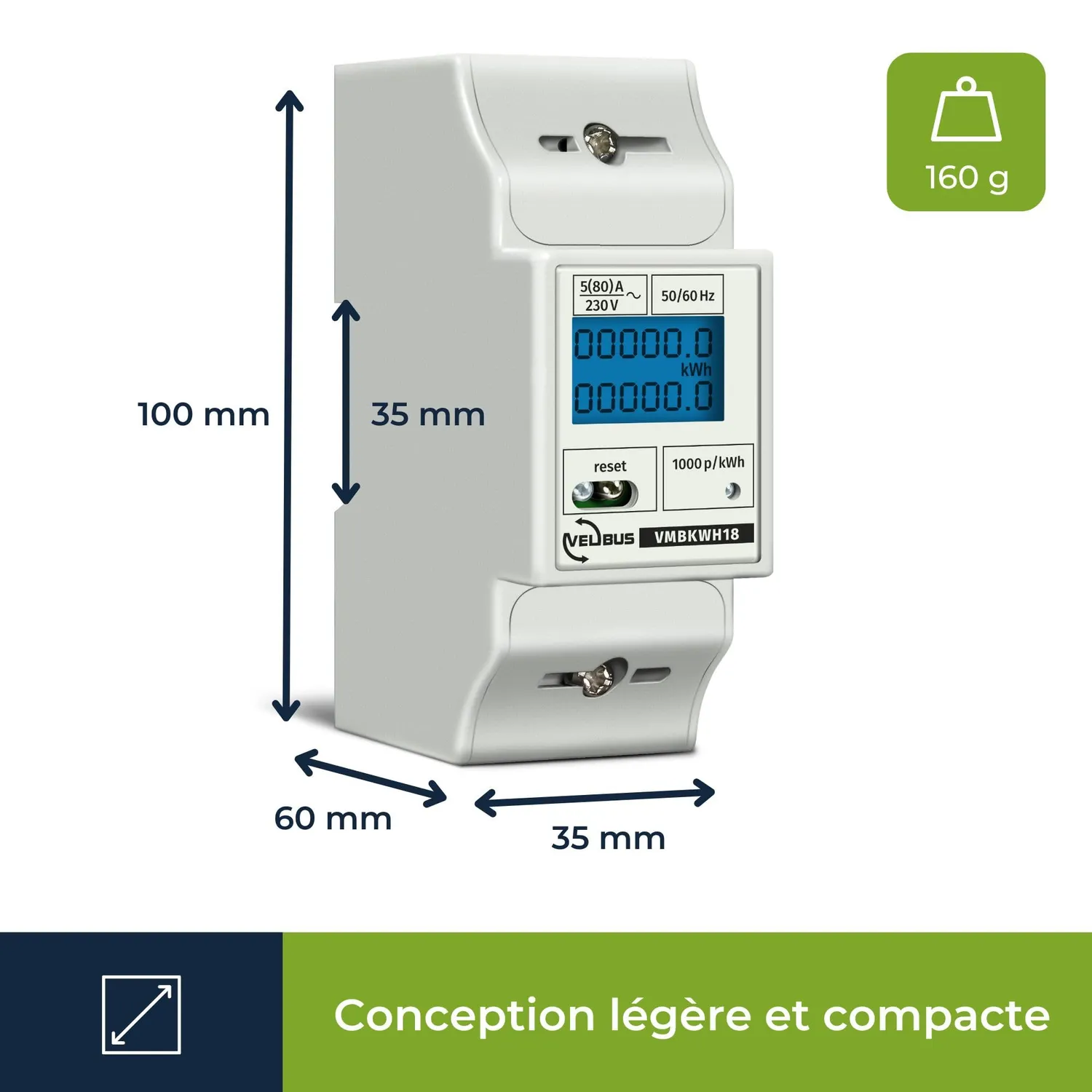 Velleman compteur d’énergie monophasé 80 A, rail DIN, affichage LCD