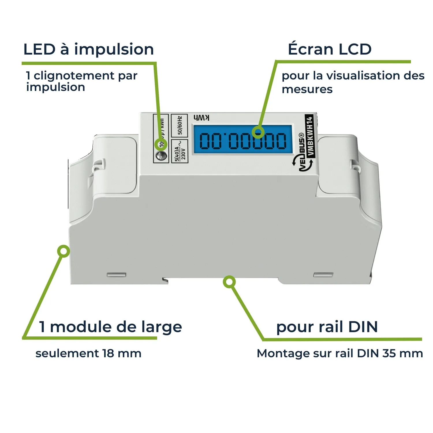 Velleman compteur d’énergie monophasé 40 A rail DIN LCD