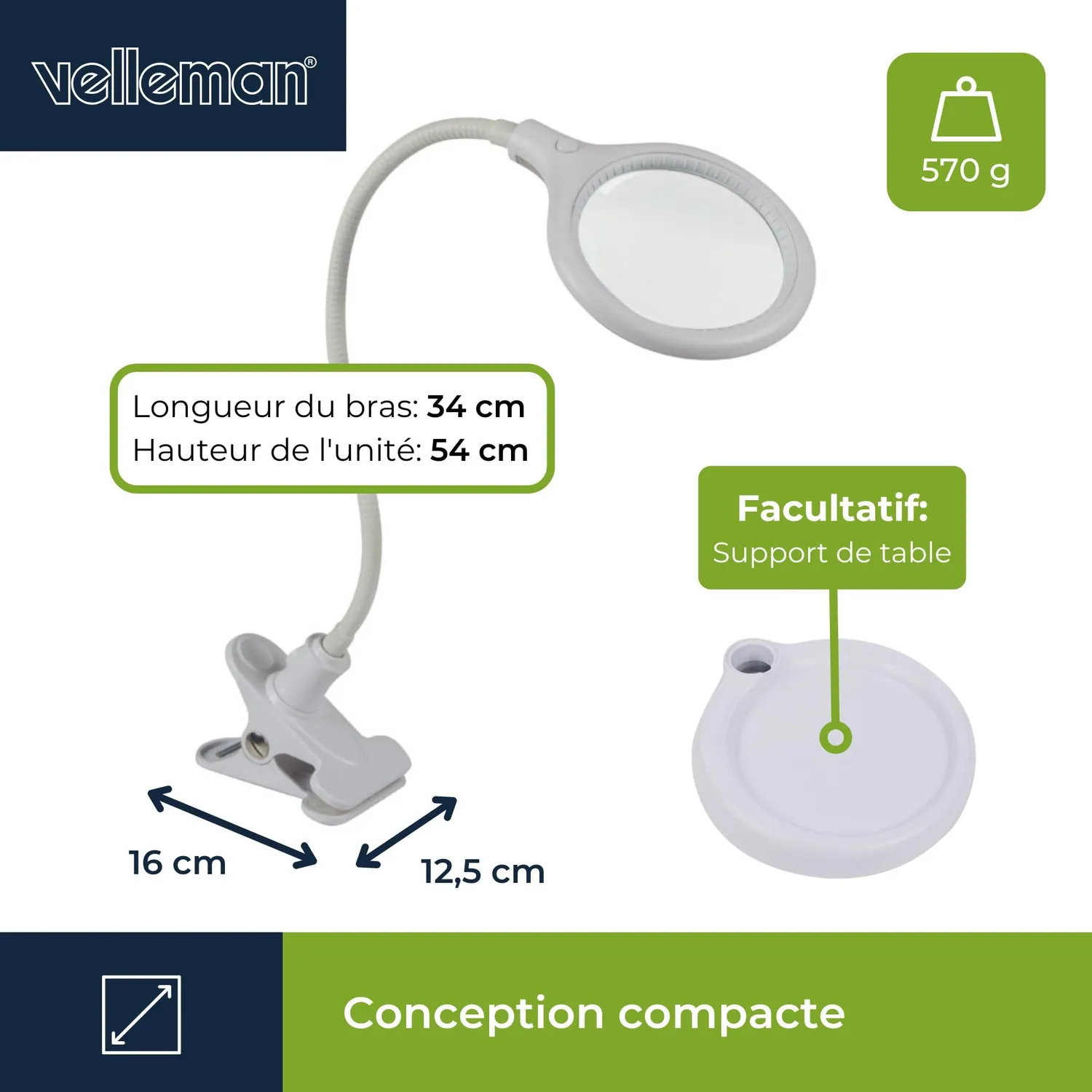 Velleman VTLLAMP lampe loupe LED à pince 2,25x