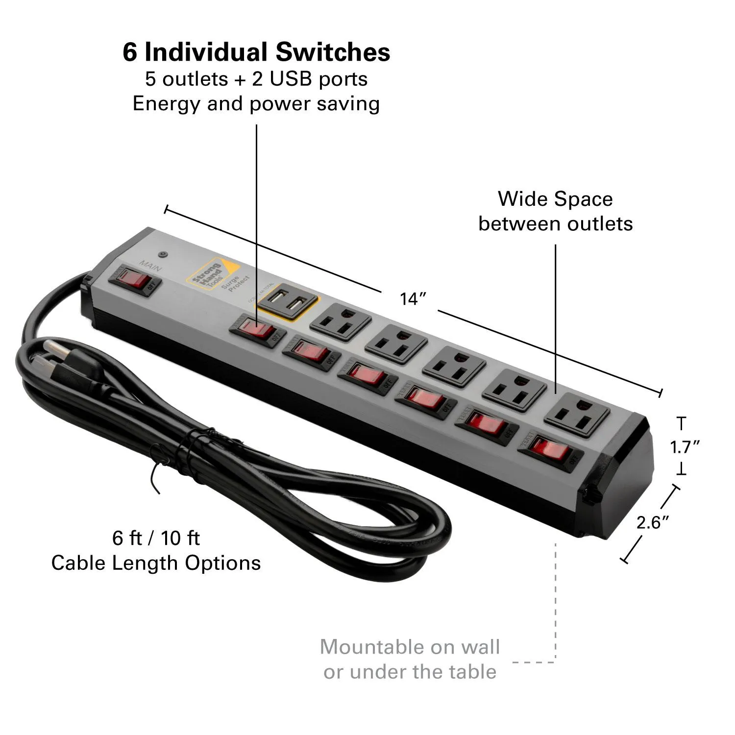 Strong Hand Europe multiprise parafoudre métal 5 prises USB 1,8 m