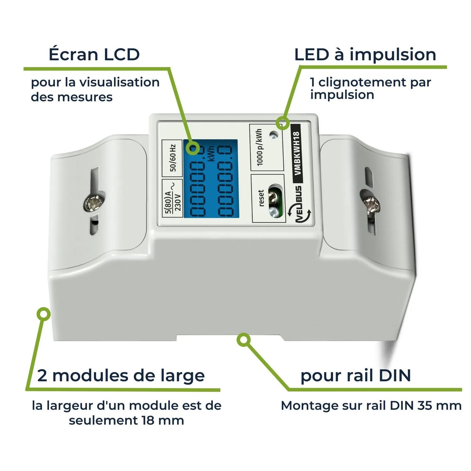 Velleman compteur d’énergie monophasé 80 A, rail DIN, affichage LCD
