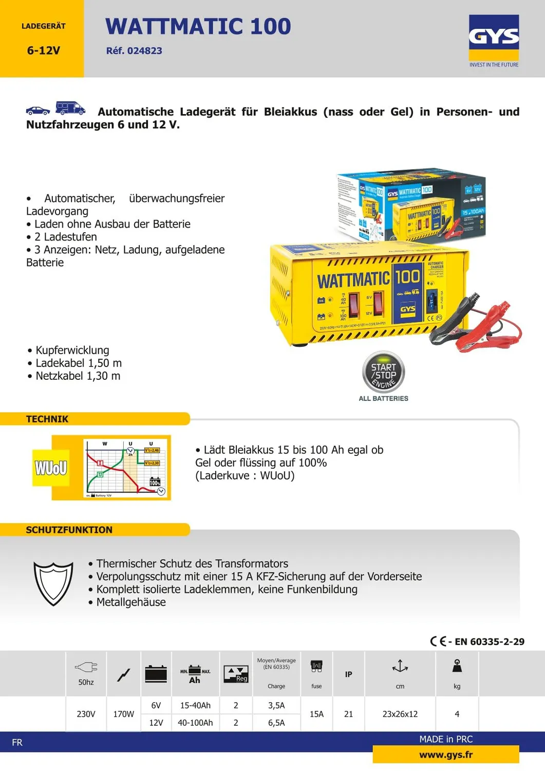 GYS Wattmatic 100 chargeur de batterie 12 V 140 W