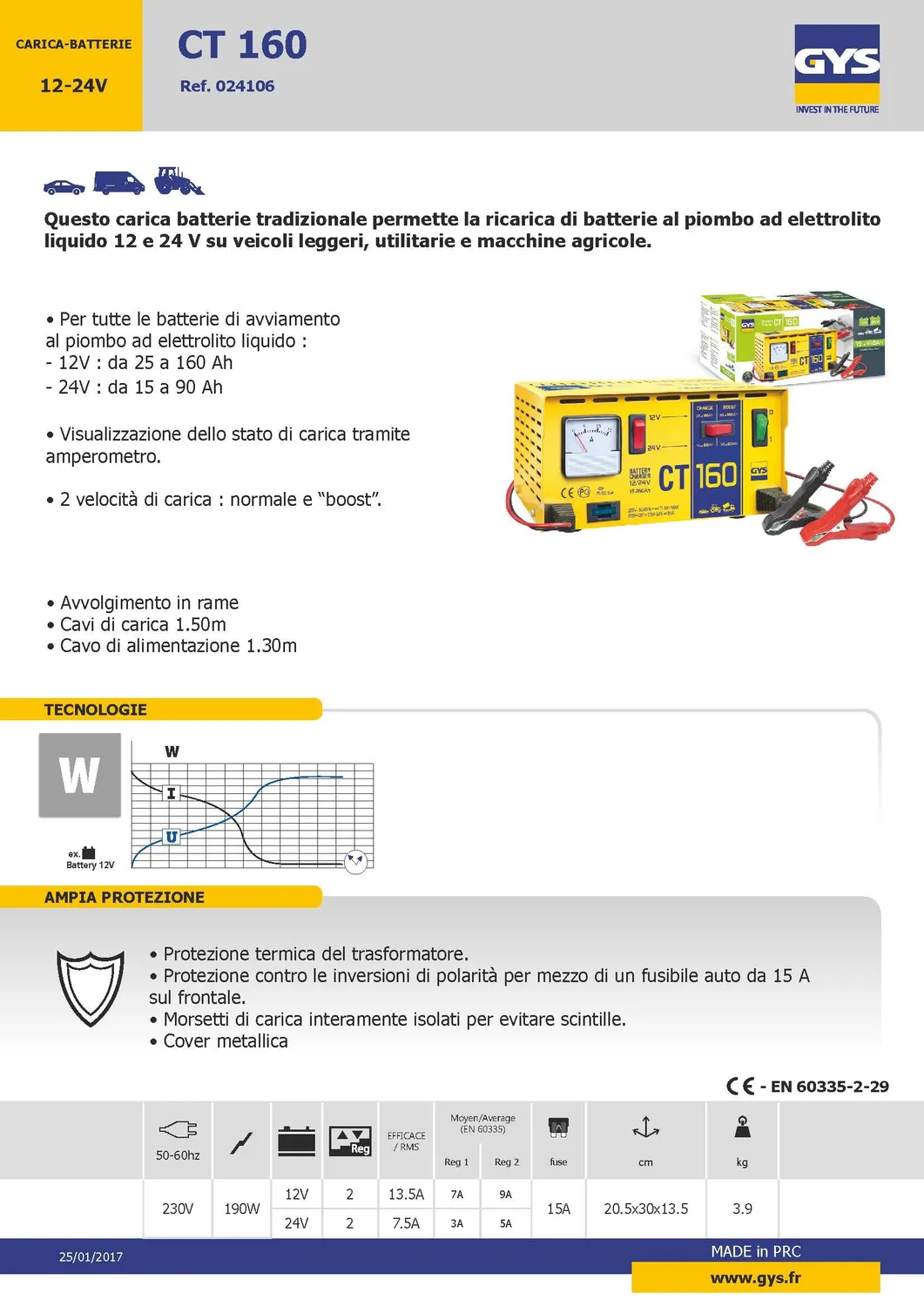 GYS CT 160 chargeur de batterie 12/24 V, plomb liquide