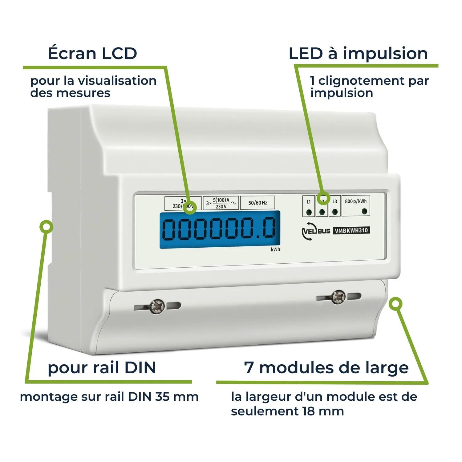 Velleman compteur d'énergie triphasé rail DIN 100 A LCD