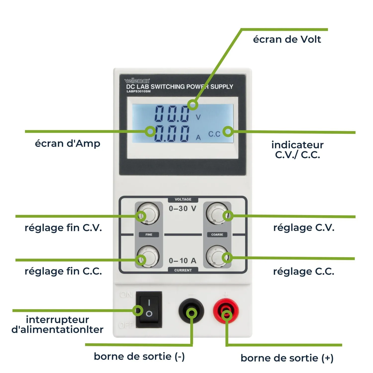 Velleman GP alimentation de laboratoire réglable 0–30 V 0–10 A LCD