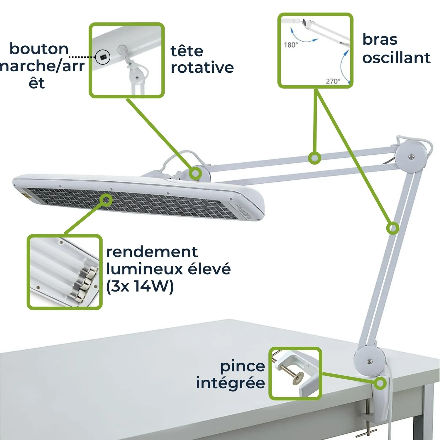 Velleman 59921 lampe de bureau à étau 3 × 14 W, lumière 6500 K