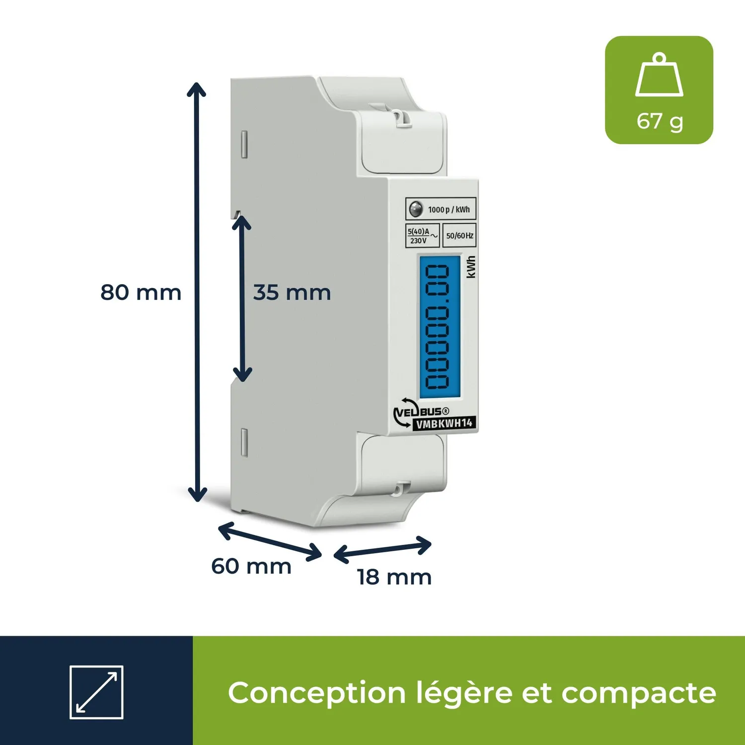 Velleman compteur d’énergie monophasé 40 A rail DIN LCD