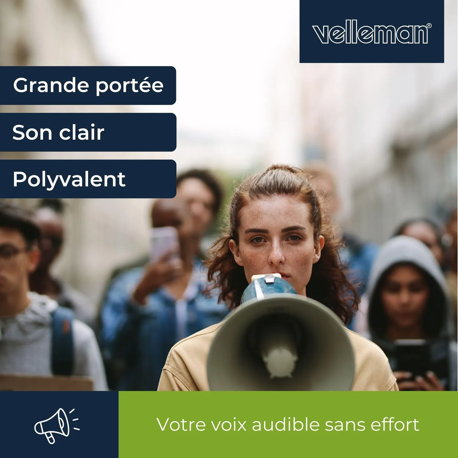 Velleman GP Series mégaphone 25 W avec sirène, micro détachable, gris/noir/bleu